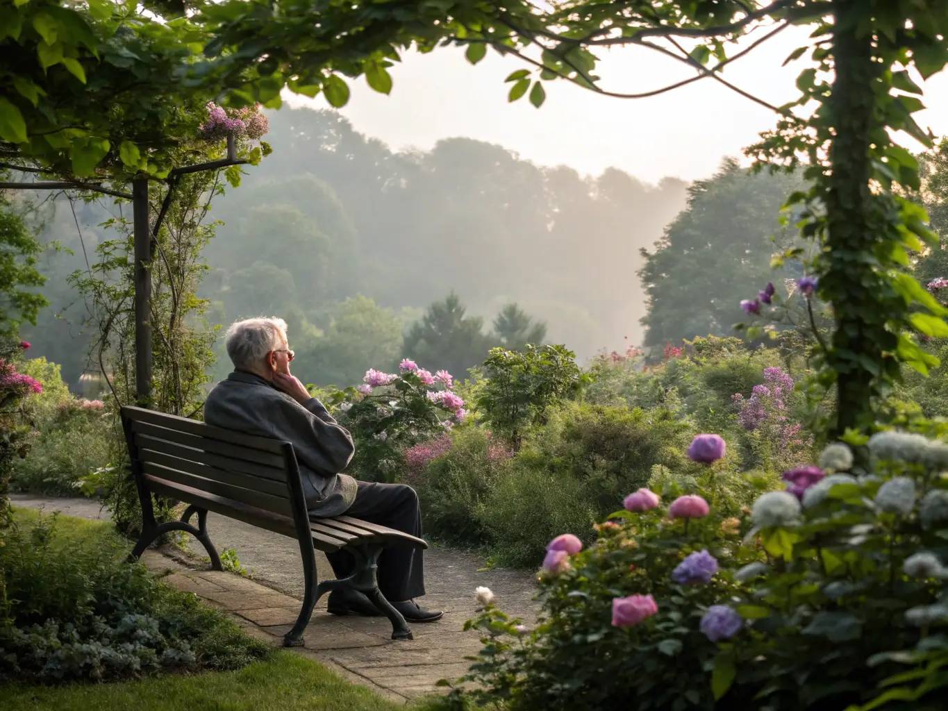 A photograph of a serene retiree enjoying a hobby, such as gardening or painting, illustrating a fulfilling and financially secure retirement lifestyle.