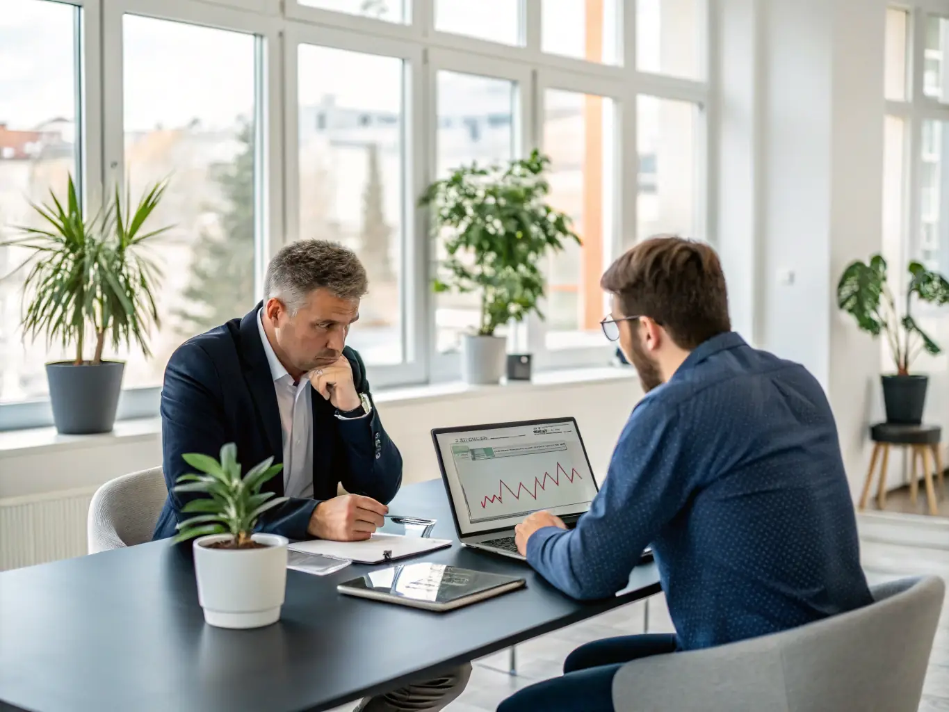 An image of a financial advisor discussing retirement plans with a client, with charts and documents on the table, symbolizing personalized retirement planning.