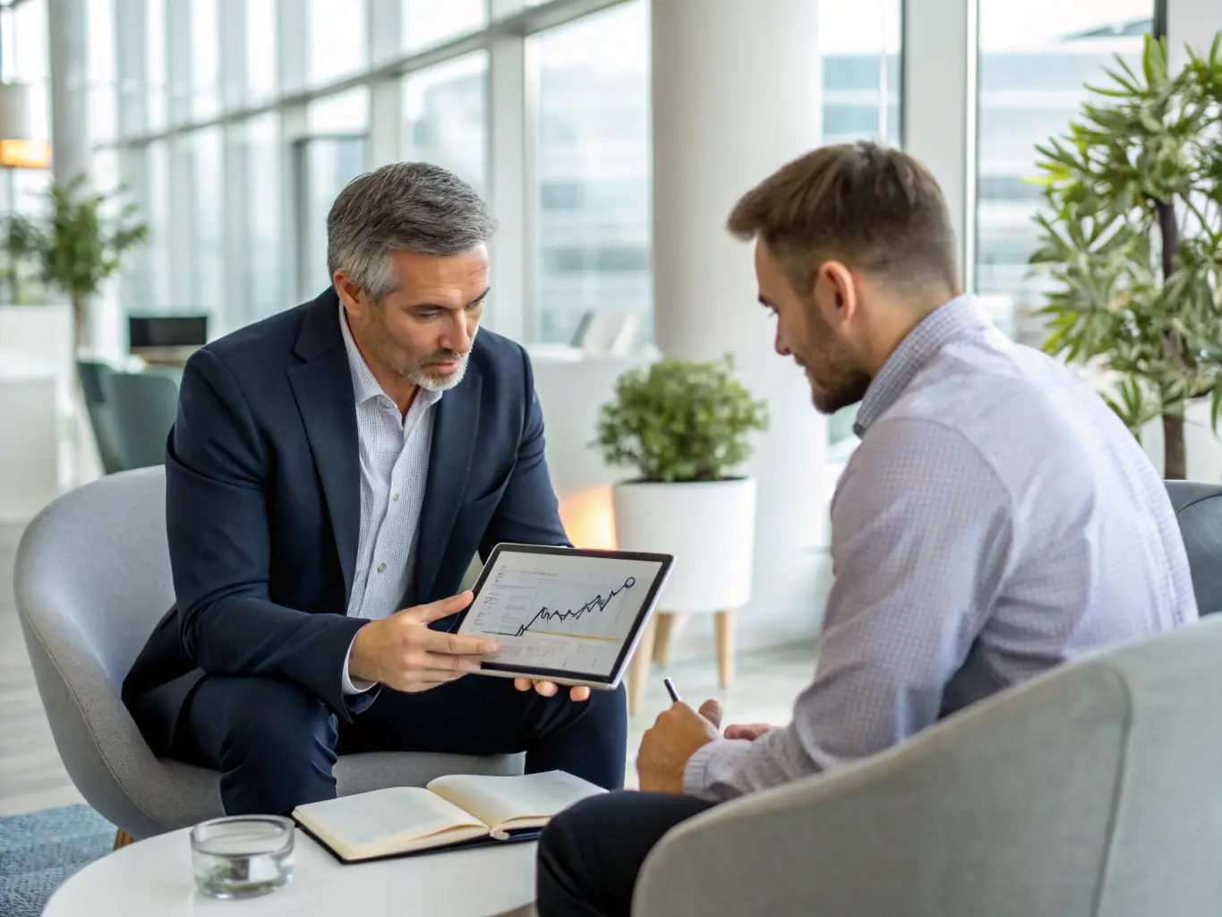 An image depicting a senior couple confidently reviewing their retirement plan with a financial advisor in a modern office setting, emphasizing trust and expertise.