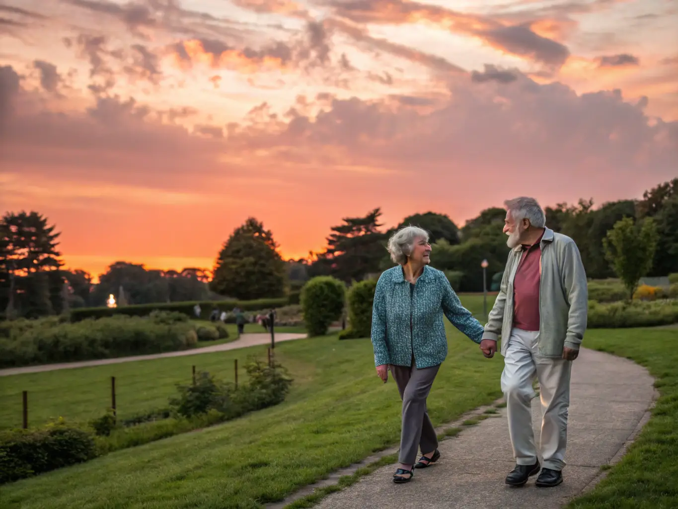 A senior couple smiling and relaxed, enjoying their retirement, with a scenic view in the background, representing the peace of mind achieved through financial planning.