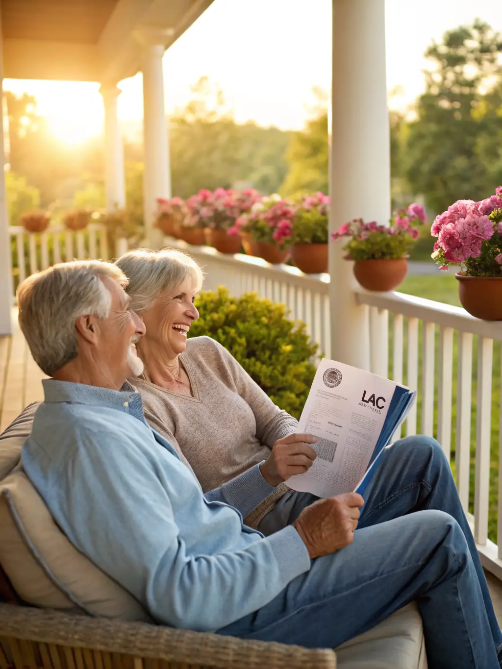 A mature couple smiling and relaxed, sitting in their garden, reviewing financial documents together, representing a secure and happy retirement.