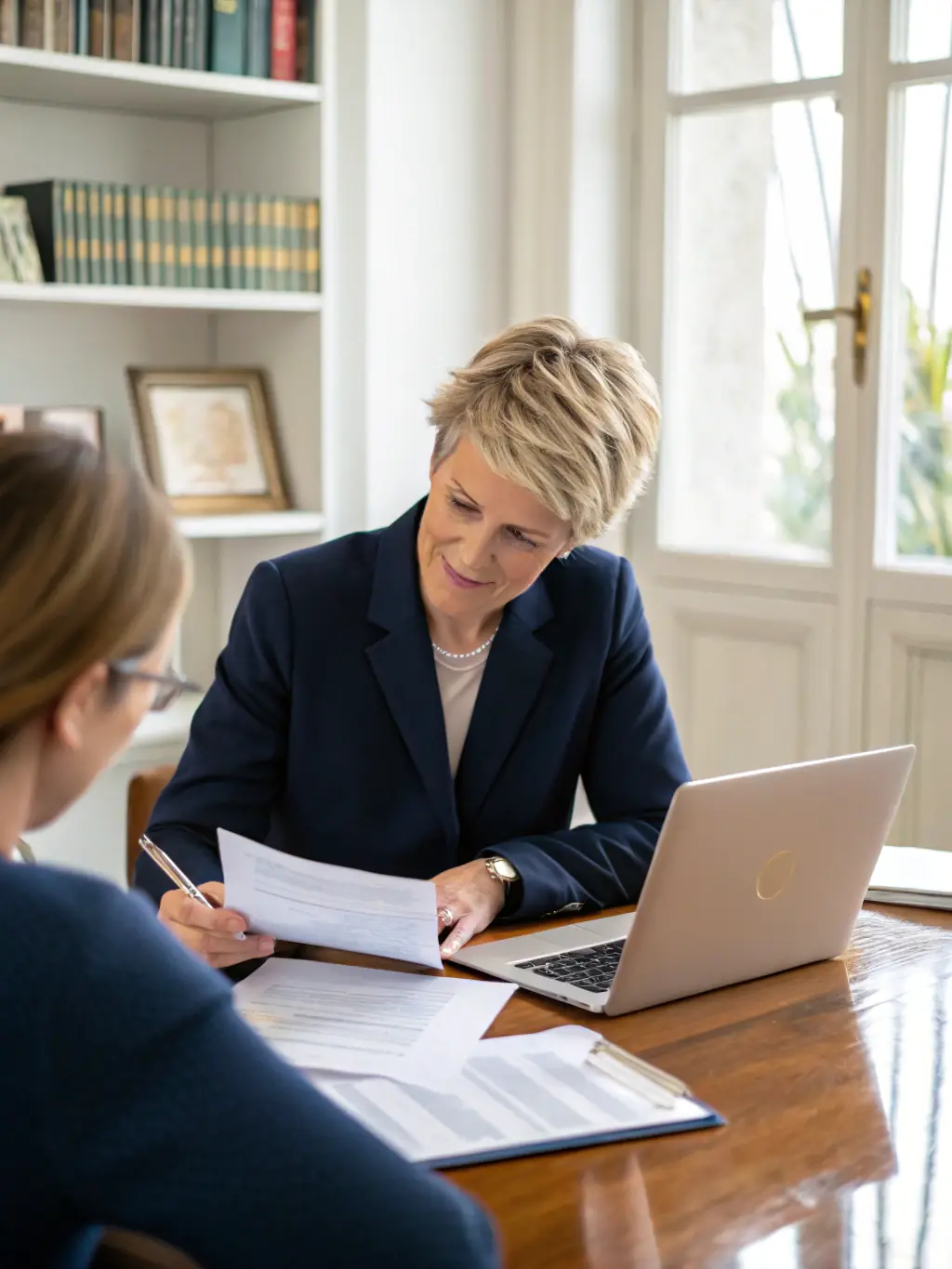 A financial advisor meeting with a client, discussing retirement plans and strategies in a modern office setting.